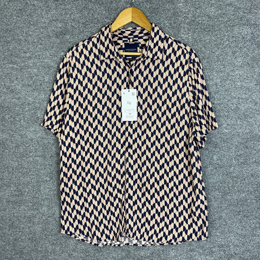 NEW Denim & Flower Button Up Shirt Mens Large Blue Geometric Viscose